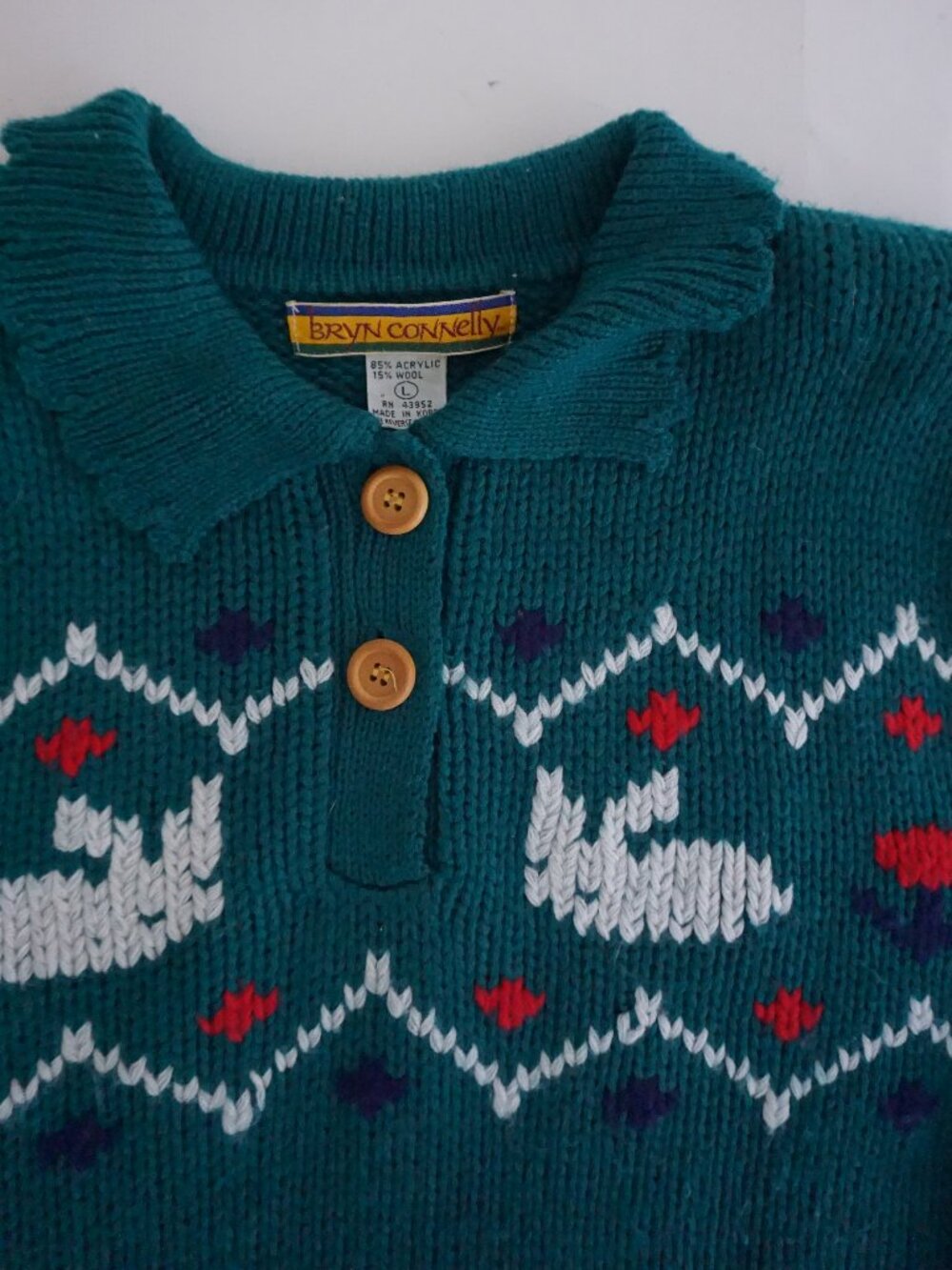 Vintage Bryn Connelly Green Bunny 15% Wool Fair Isle Knit Collared Sweater L - Picture 9 of 10